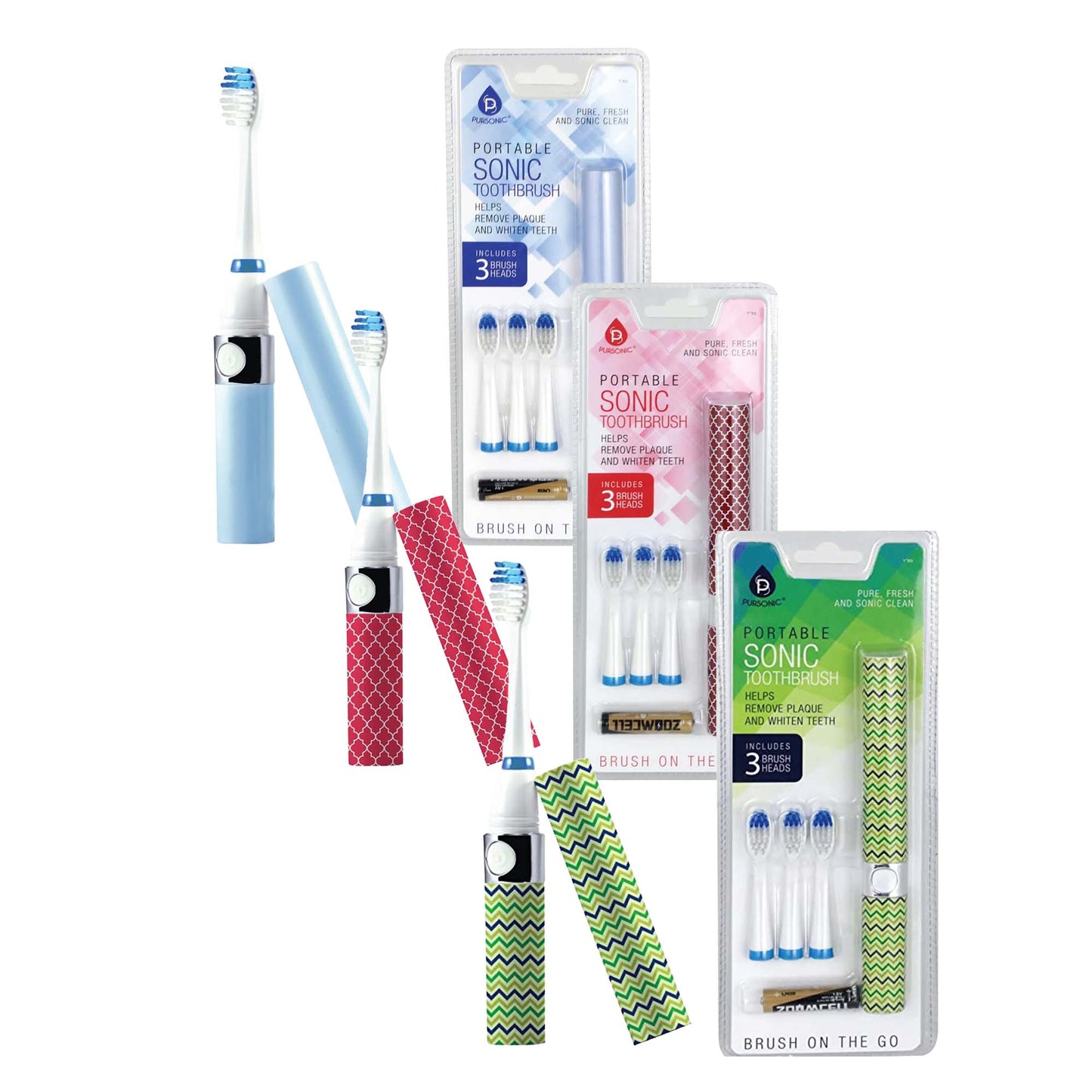 Family Bundle: Pursonic Portable Electric Toothbrush 3-Pack (Blue, Green, Pink)-0